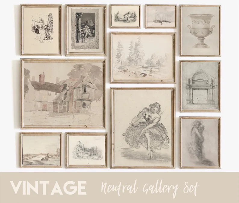 Light Academia Decor Set of 250 Neutral Vintage Wall Art
