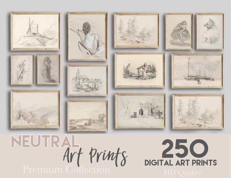 Light Academia Decor Set of 250 Neutral Vintage Wall Art