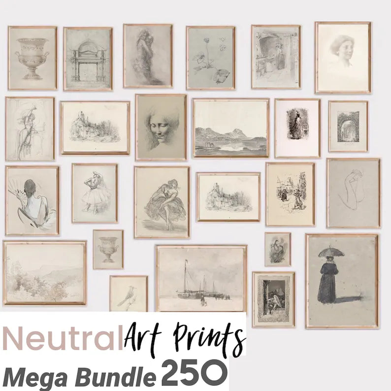Light Academia Decor Set of 250 Neutral Vintage Wall Art
