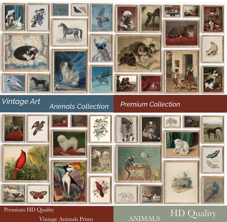 Set of 450 Vintage Animals Art Prints Set, Eclectic Farmhouse Decor