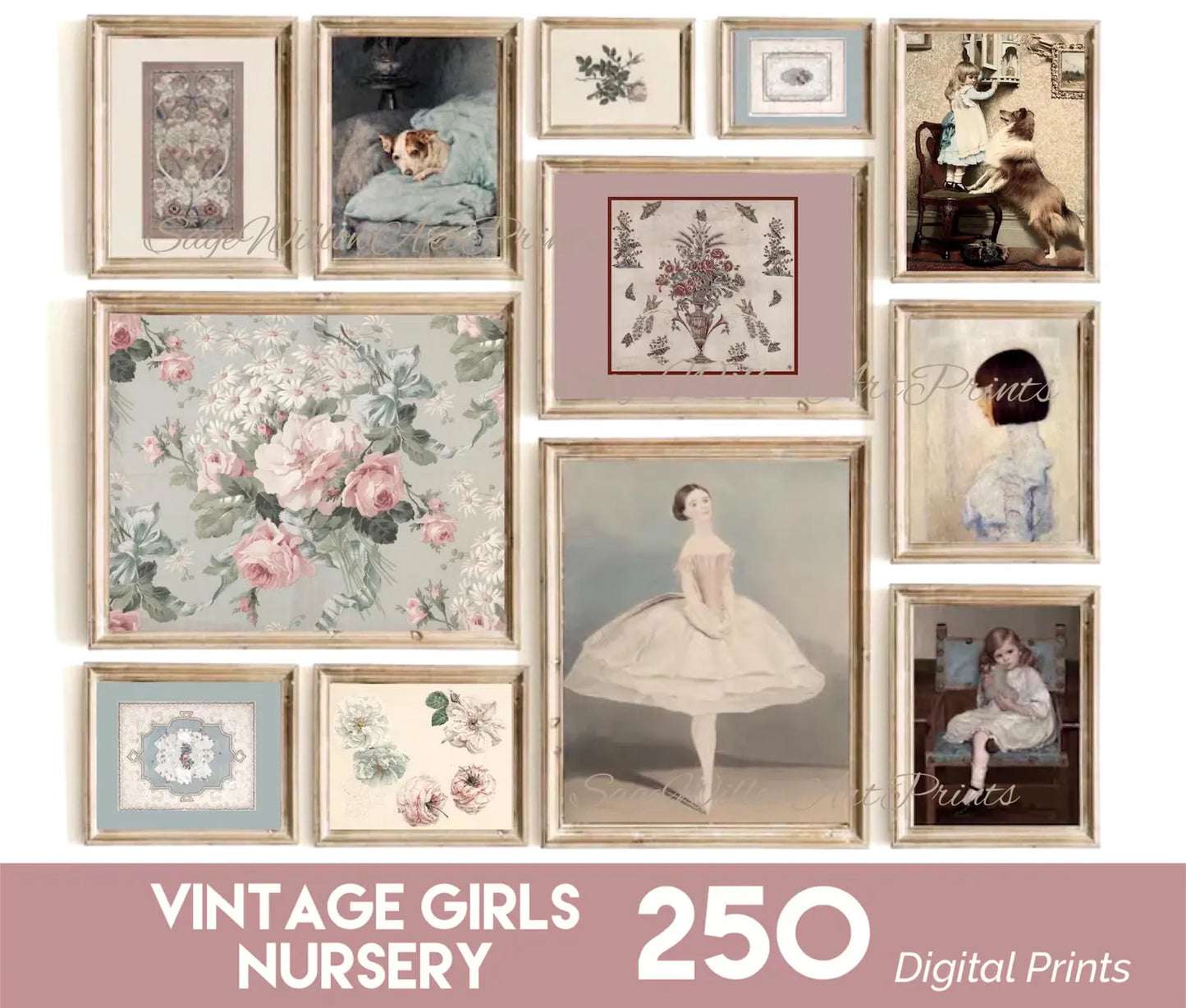 Girls Vintage Farmhouse Nursery Wall Art Set of 250